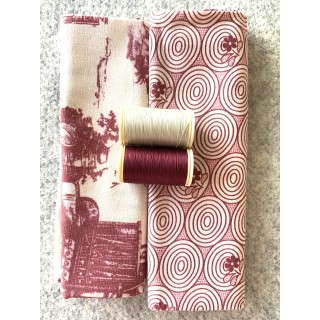 sachet  de tissu et fils assortis "Travaux de la manufacture" bordeaux
