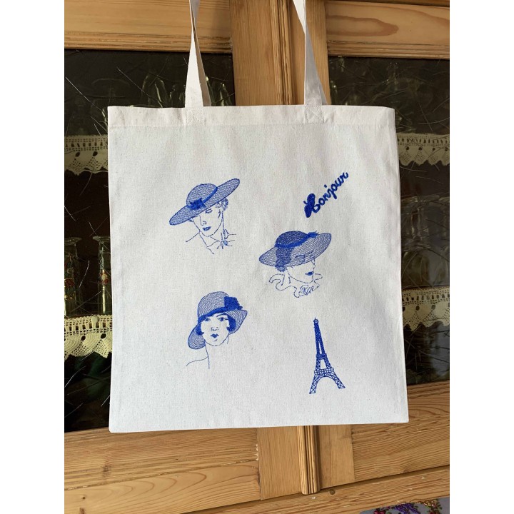 tote bag brodé motif "les parisiennes" en bleu