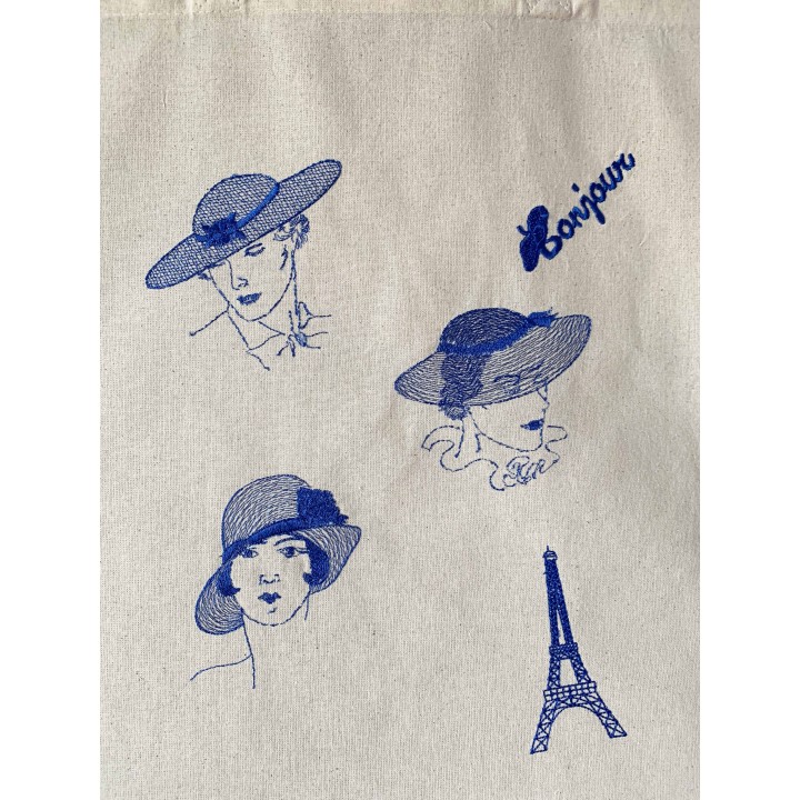 tote bag brodé motif "les parisiennes" en bleu