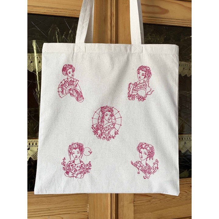 tote bag brodé motif "les parisiennes" en bleu