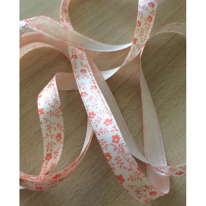 joli ruban satin écru motif floral orange 
