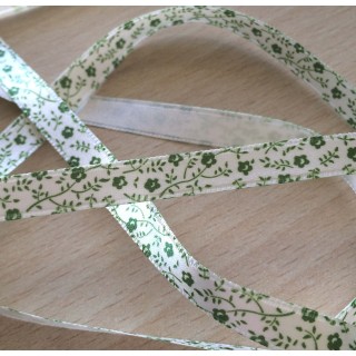 joli ruban satin écru motif floral vert 