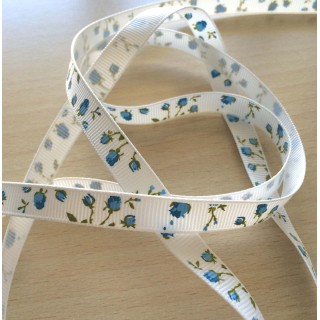 joli ruban gros grain blanc avec motif  floral bleu 