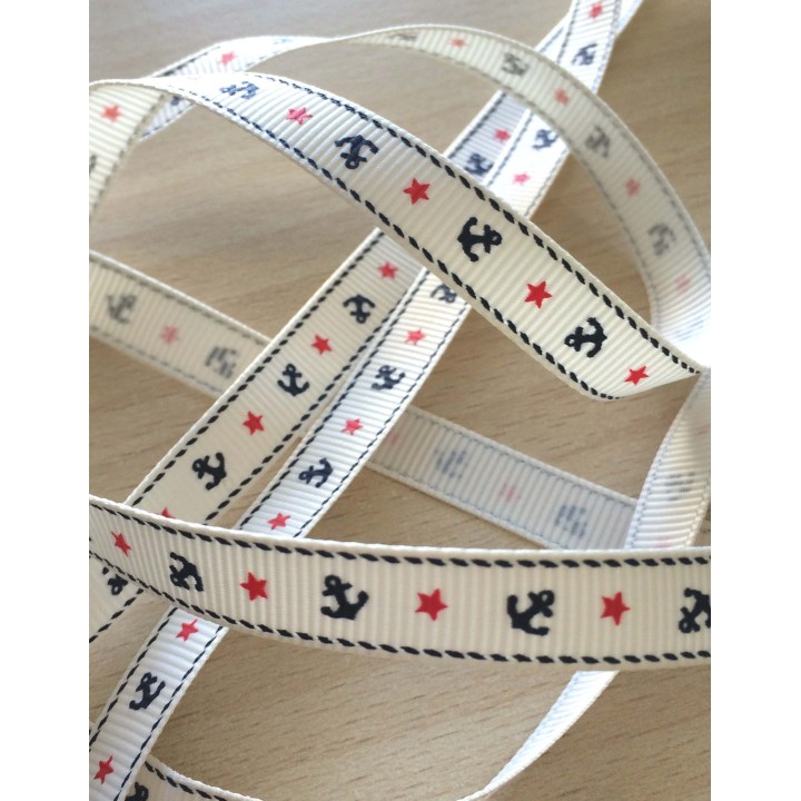 joli ruban gros grain blanc avec motif  marin 