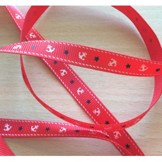 joli ruban gros grain rouge  avec motif  marin 