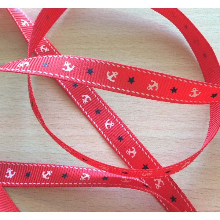 joli ruban gros grain rouge  avec motif  marin 